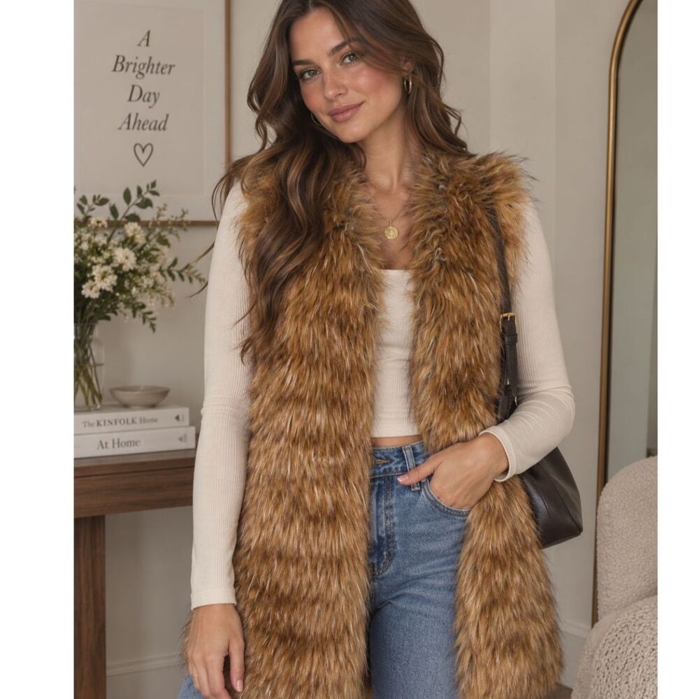 Chico's Faux Fur Wool Blend Vest Brown Hippie Artsy Boho Chic Mob Wife Size XL